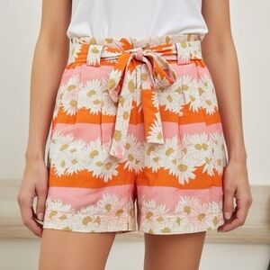 Spartina 449 Size 6 Daisy Floral Belted Shorts Orange Pink Stripe Boho